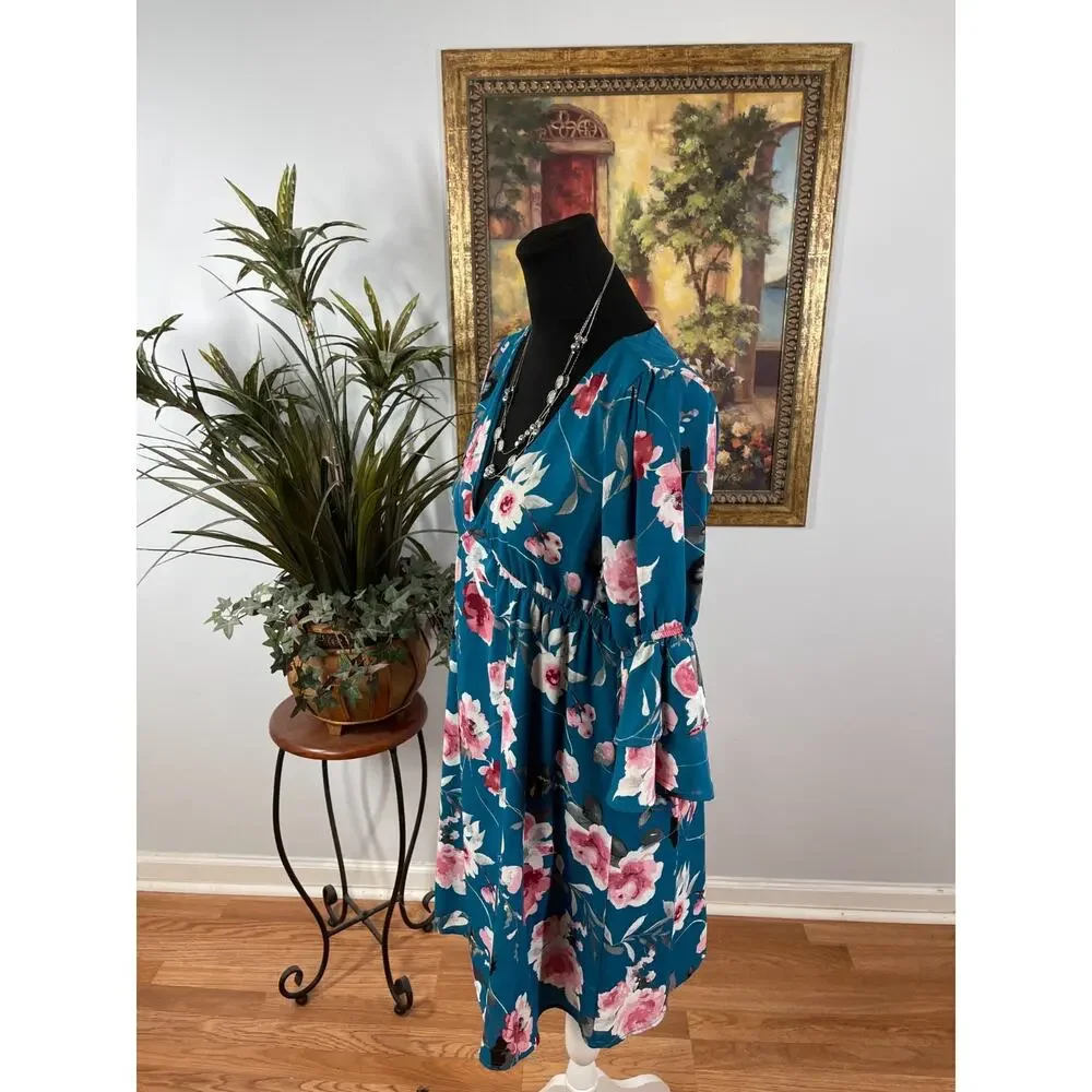 Pink Lily Dress Womens Medium Blue Floral Print Bell Sleeve Cottagecore Boho - Picture 2 of 9